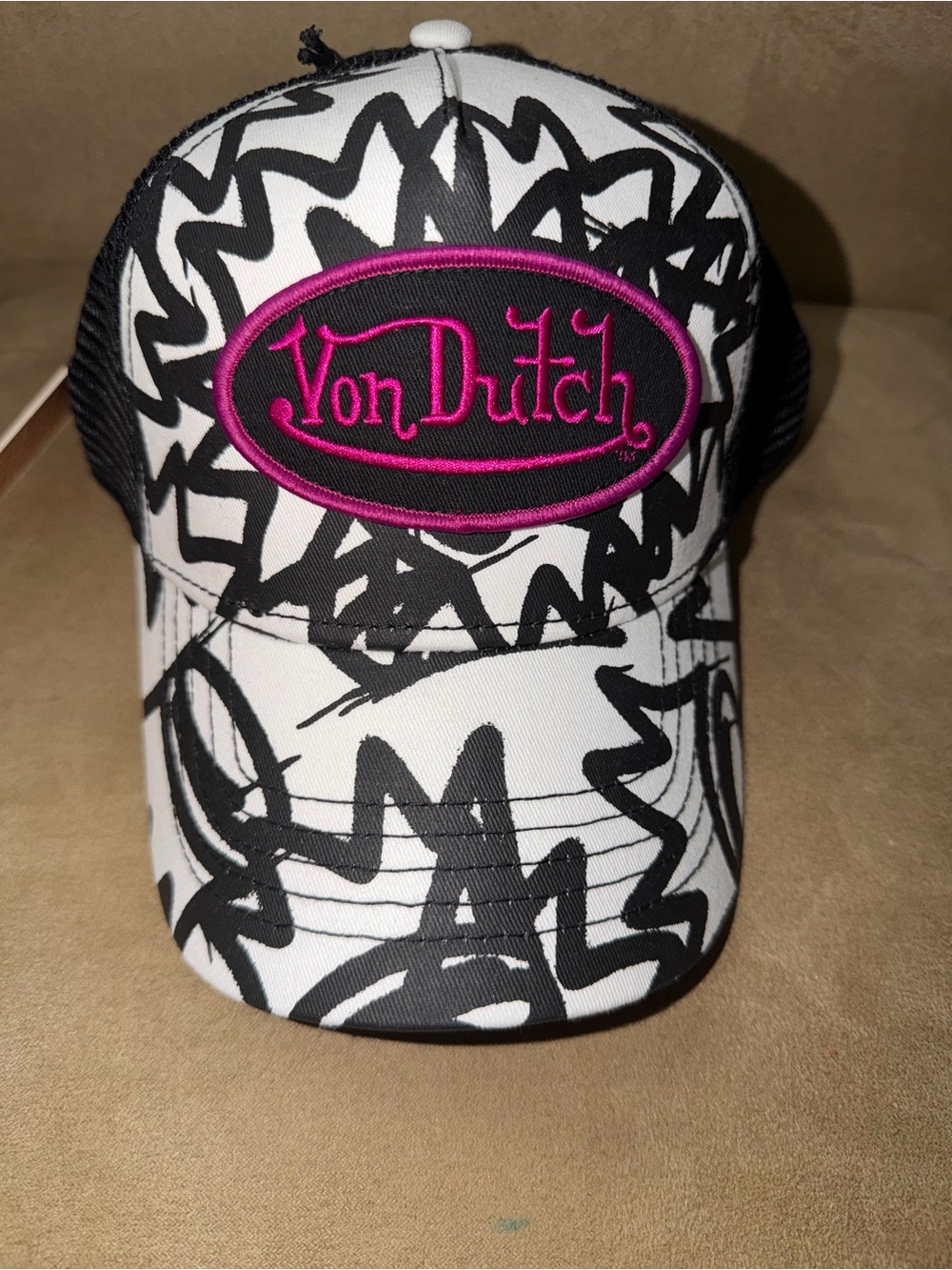 Von Dutch Black & White Graffiti Trucker Hat with Pink Logo